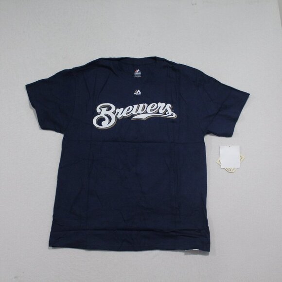 Majestic Milwuakee Brewers Men Blue Tee Shirt Uecker 9 Size Large - Picture 1 of 11